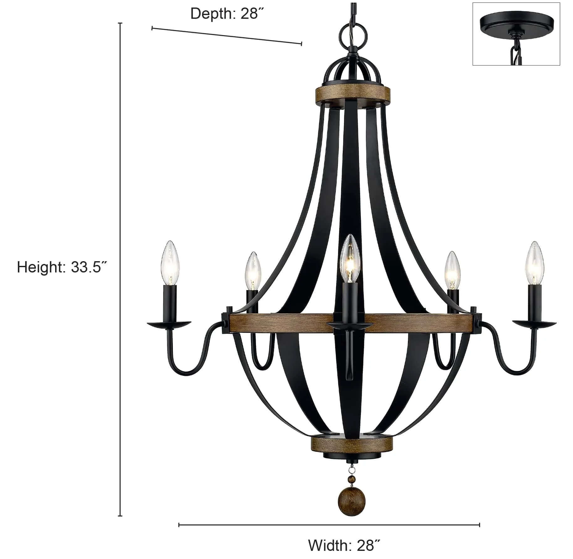 5 Lamps Ellijay Chandelier - Matte Black / Wood Tone Finish - 28in Diameter - E12 Candelabra Base
