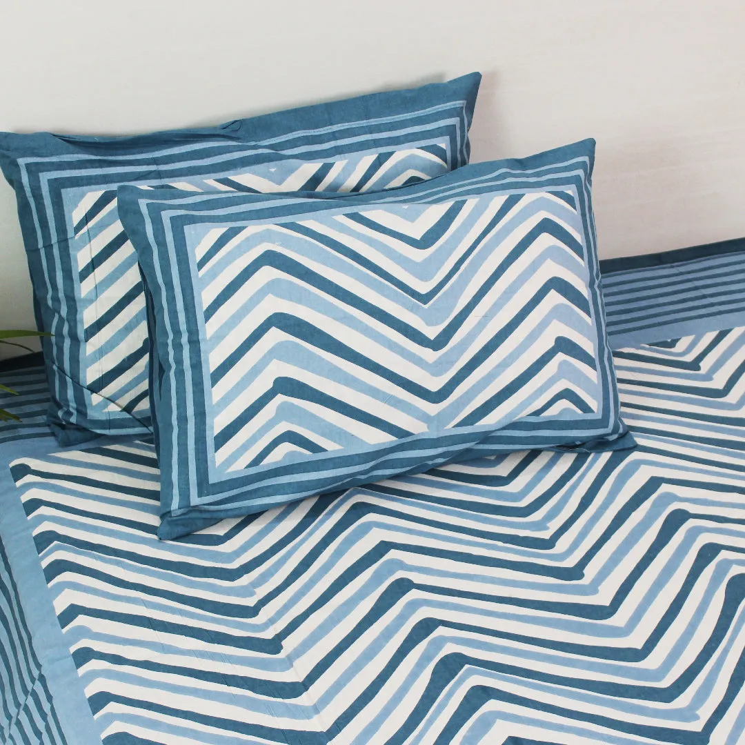 Cotton King Bedsheet Set | Classic Chevron Pastel Blue | 108 x 108 Inch