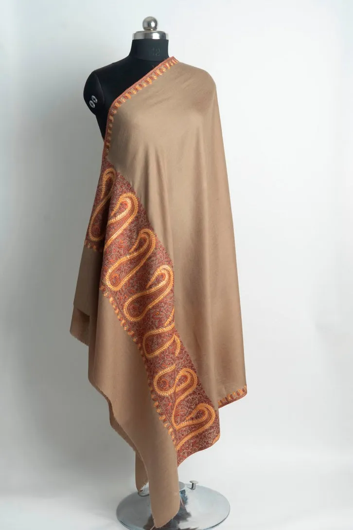Earthy Beige Kashmiri Hand Embroidered Merino Wool Sozni Shawl