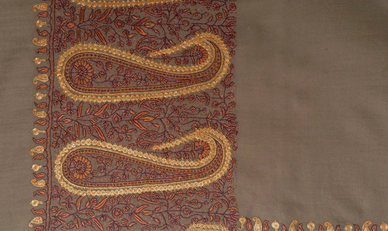 Earthy Beige Kashmiri Hand Embroidered Merino Wool Sozni Shawl
