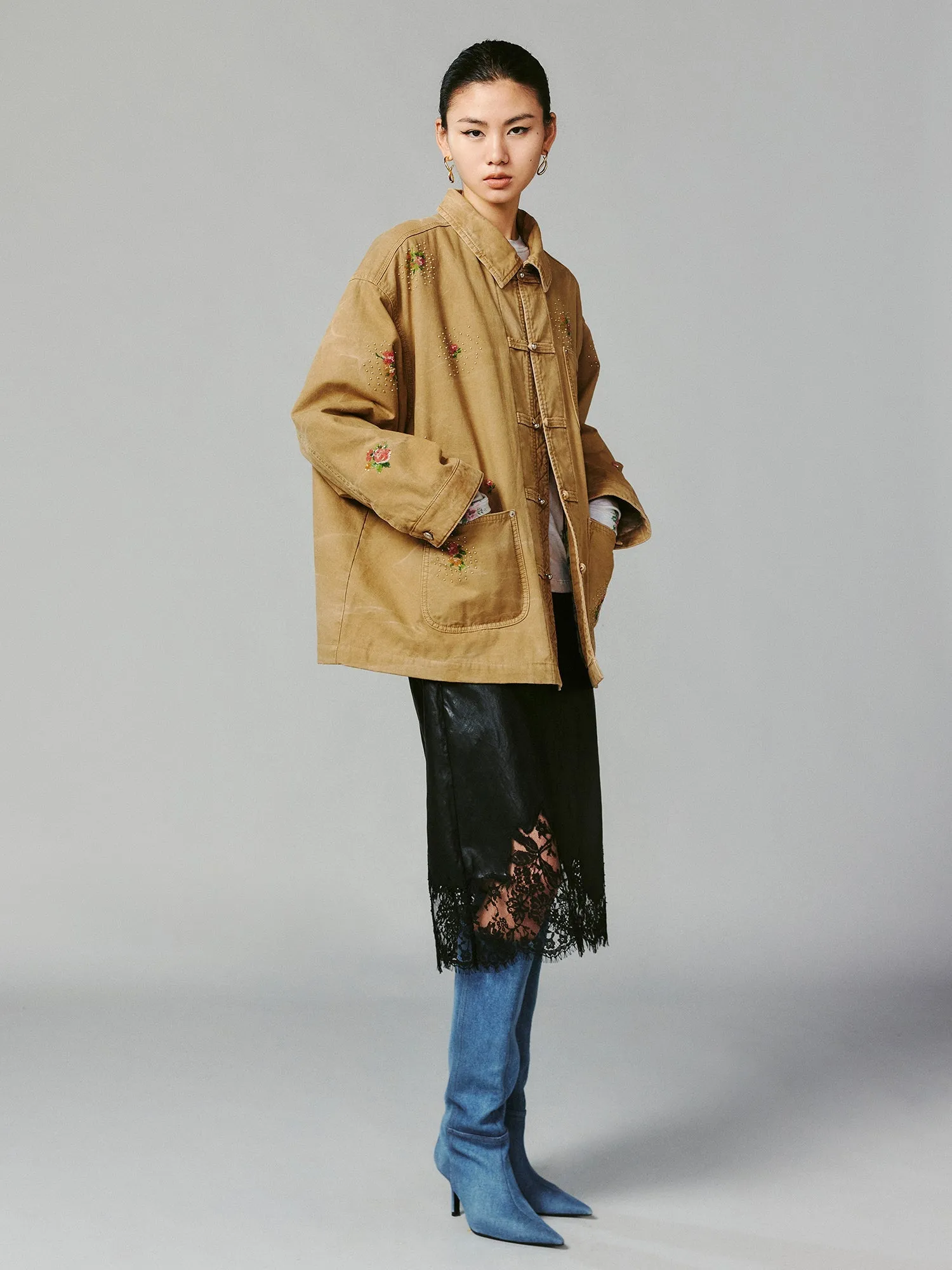 Floral embroidered and beaded workwear jacket
