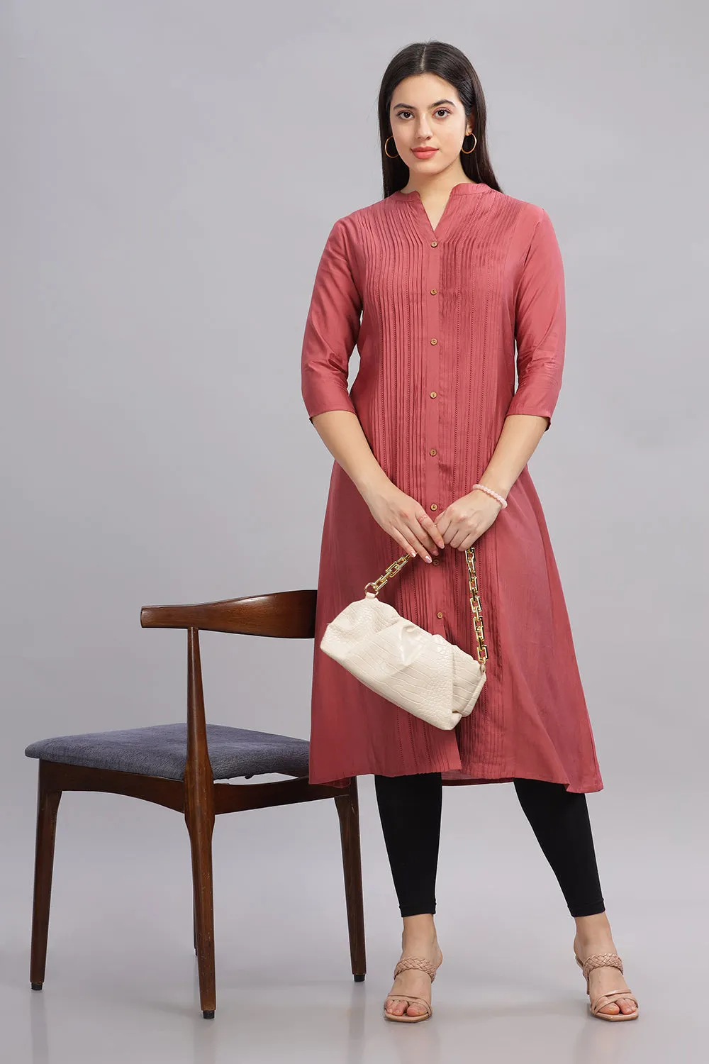 Mythri Office Wear Women's Casual Kurta Mandarian Collar with 3/4th Sleeves  - Pink - KU26